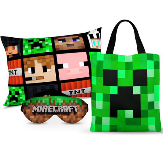 Kit Minecraft personalizado: almofada 20x30 cm, ecobag 25x32 cm e máscara de dormir, estampa verde.