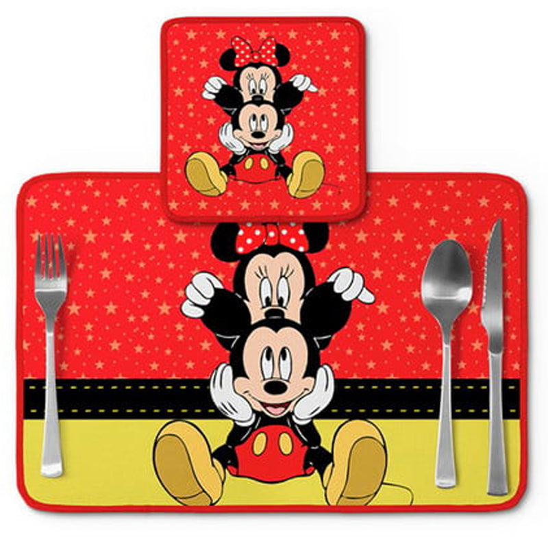 Jogo americano Mickey, vermelho com estrelas, com porta-prato e porta-copo.