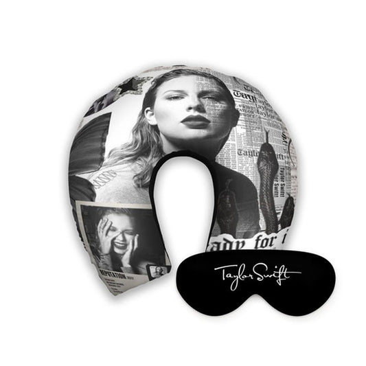 Kit infantil Taylor Swift: almofada de pescoço e máscara de dormir personalizadas, estampa cinza.