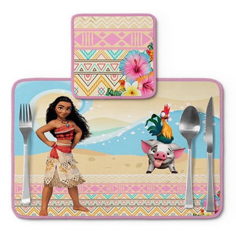 Jogo americano Moana, praia com flores rosa, com porta-prato e porta-copo.