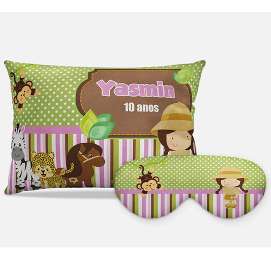 Kit Safari personalizado: almofada retangular e máscara de dormir, estampa verde listrado.