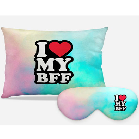 Kit BFF personalizado: almofada retangular e máscara de dormir, estampa rosa e azul.