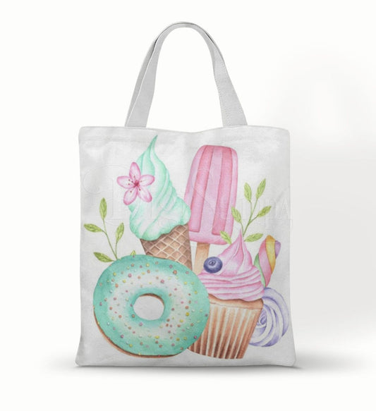 Ecobag personalizada Confeitaria: branca com doces pastel, com alças.