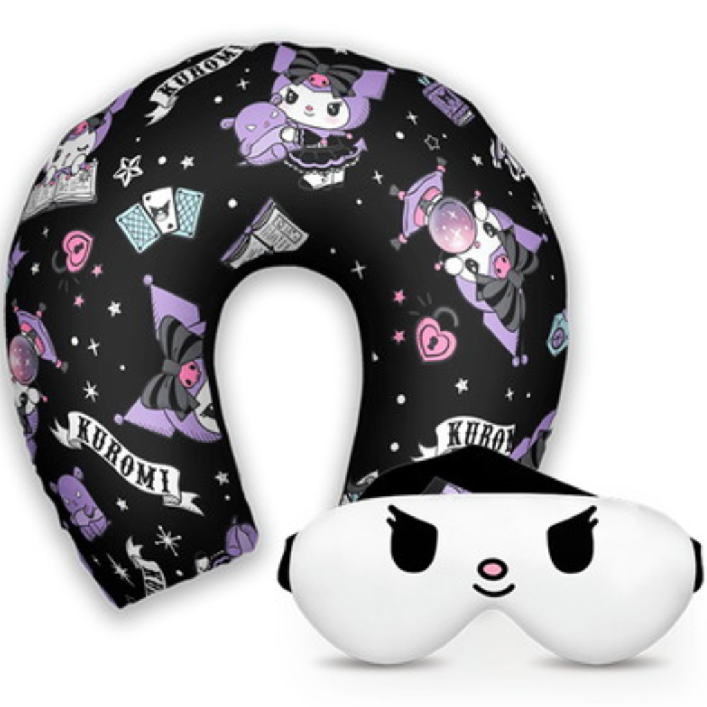 Kit infantil Kuromi: almofada de pescoço e máscara de dormir personalizadas, estampa preto.