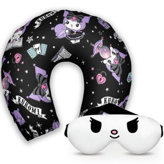 Kit infantil Kuromi: almofada de pescoço e máscara de dormir personalizadas, estampa preto.