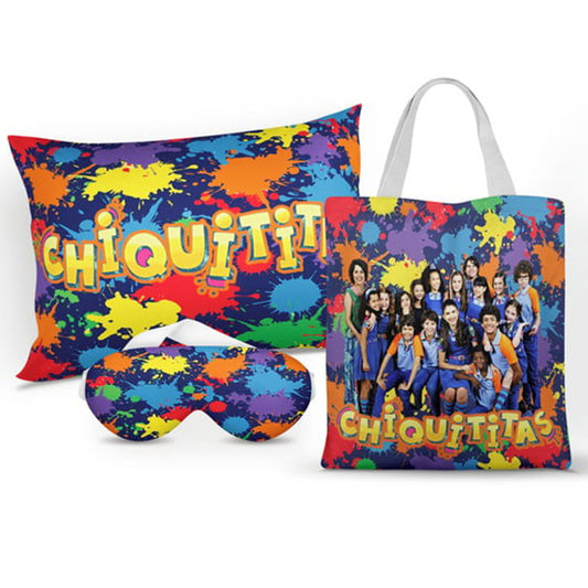 Kit Chiquititas personalizado: almofada 20x30 cm, ecobag 25x32 cm e máscara de dormir, estampa colorido.