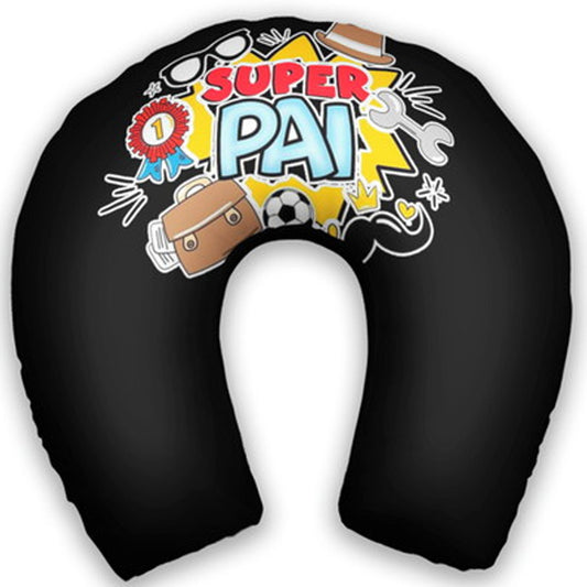 Almofada de pescoço adulto personalizada: fundo preto, frase colorida e ícones de acessórios.