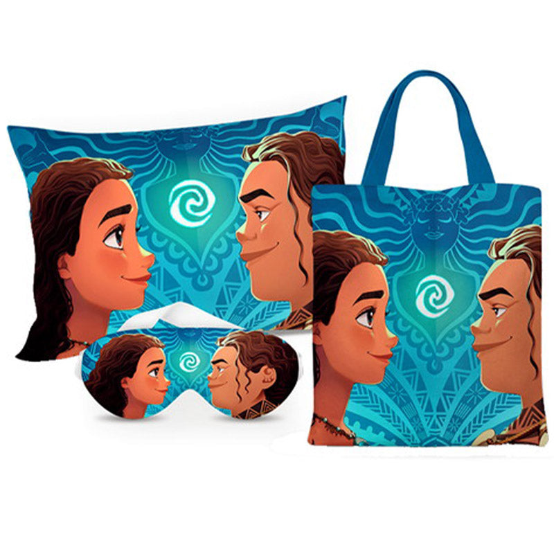 Kit Moana personalizado: almofada 20x30 cm, ecobag 25x32 cm e máscara de dormir, estampa azul.