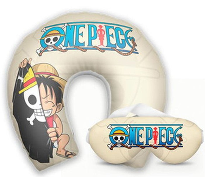 Kit infantil One Piece: almofada de pescoço e máscara de dormir personalizadas, estampa bege.