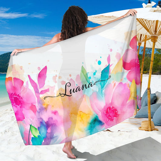 Canga Personalizada aquarela floral em tons pink com nome 90x130cm mcf4