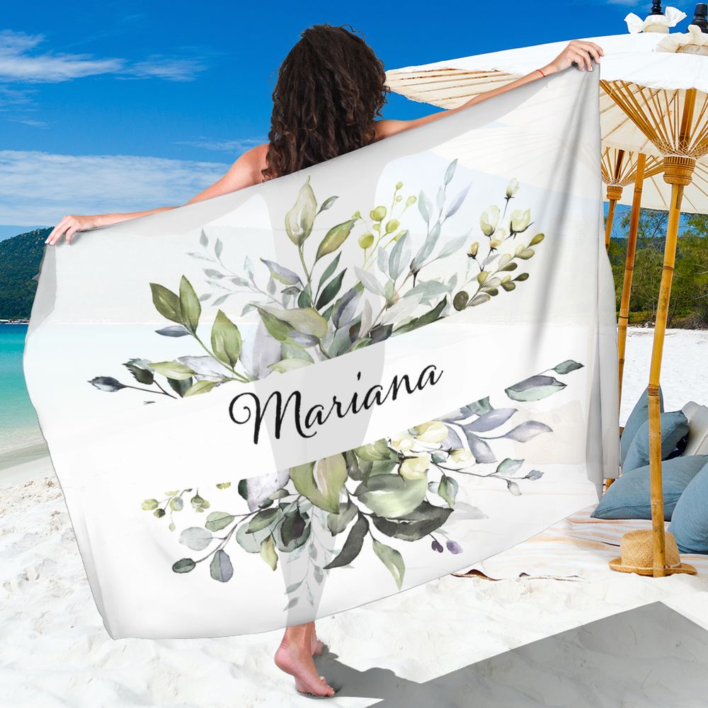 Canga Personalizada com nome aquarela floral tons branco e verde 90x130cm mcf6