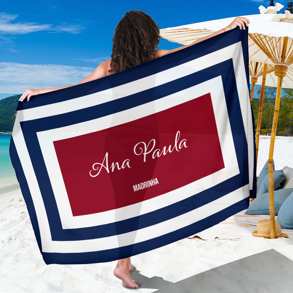 Canga Personalizada com nome detalhe retangular azul, vermelho e branco 90x130cm MCLISTA14