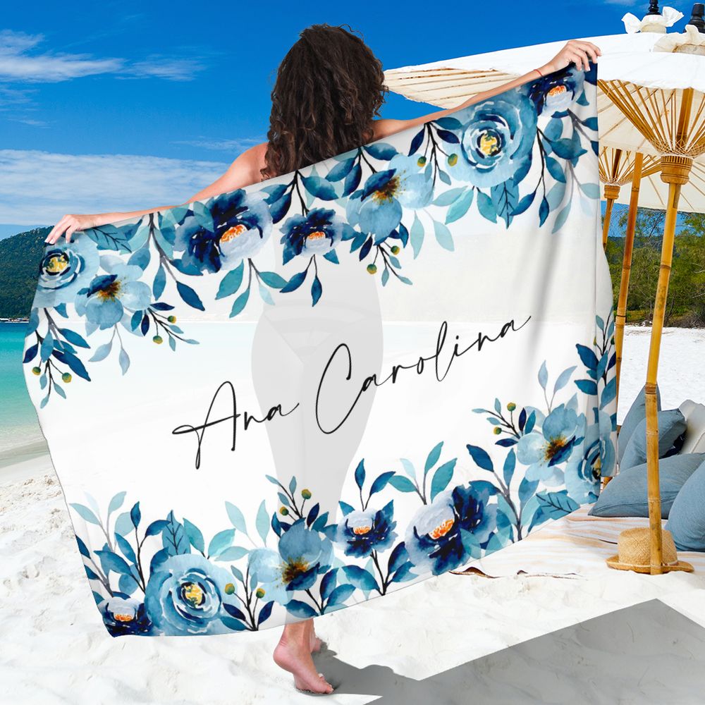 Canga Personalizada floral aquarela tons azuis com nome 90x130cm mcf8